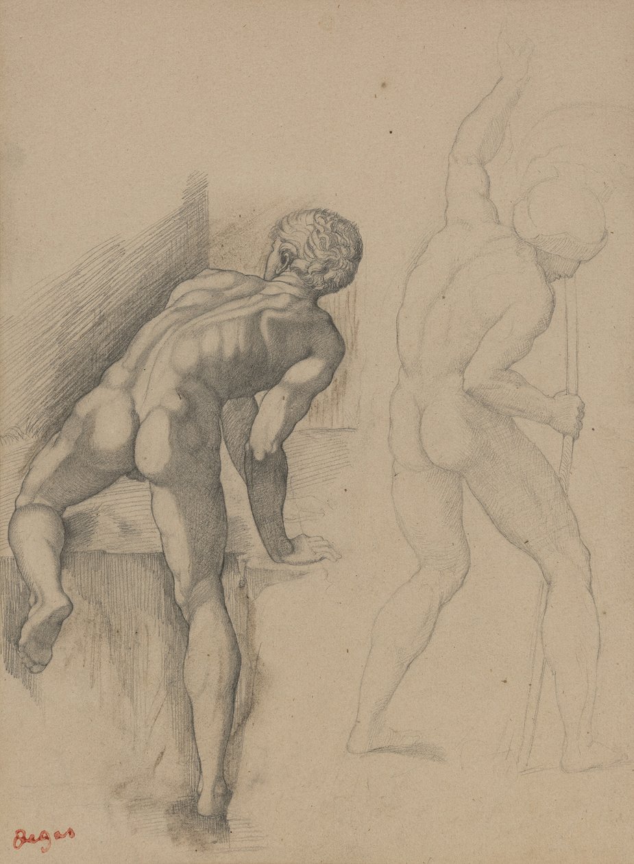 To nakne menn, 1856-57 (grafittblyant på mørkt krempapir) av Edgar Degas