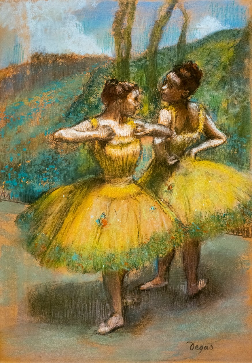 To dansere i gult. Rundt 1896. Pastell og kull på to papirstrimler. av Edgar Degas