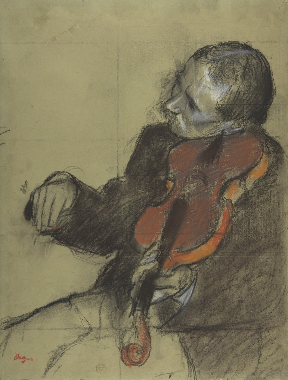 Fiolinist, Study for The Dance Lesson, 1878-79 (pastell og kull på grønt vevd papir) av Edgar Degas