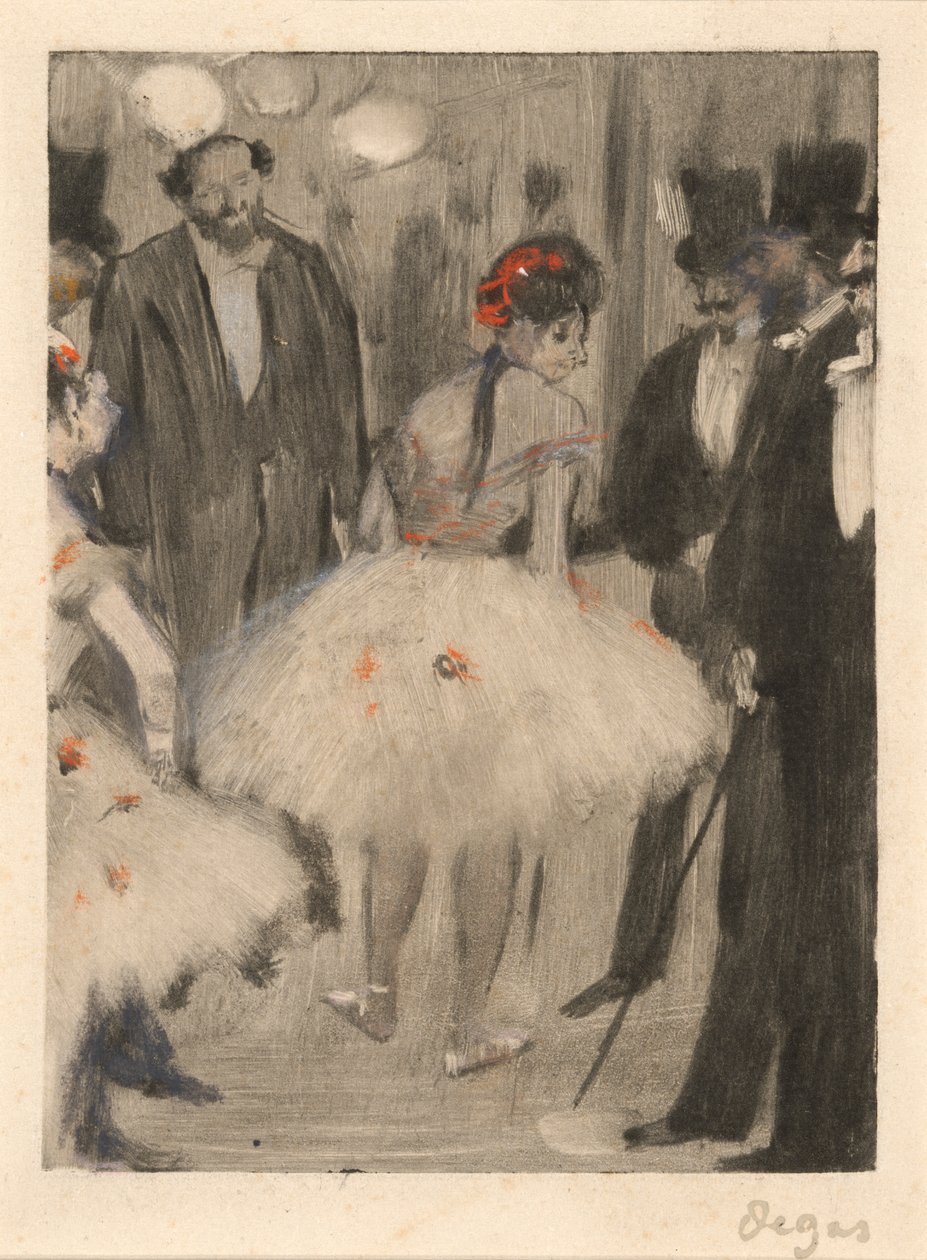 Virginie blir beundret mens Marquis Cavalcanti ser på, ca. 1880-83 av Edgar Degas