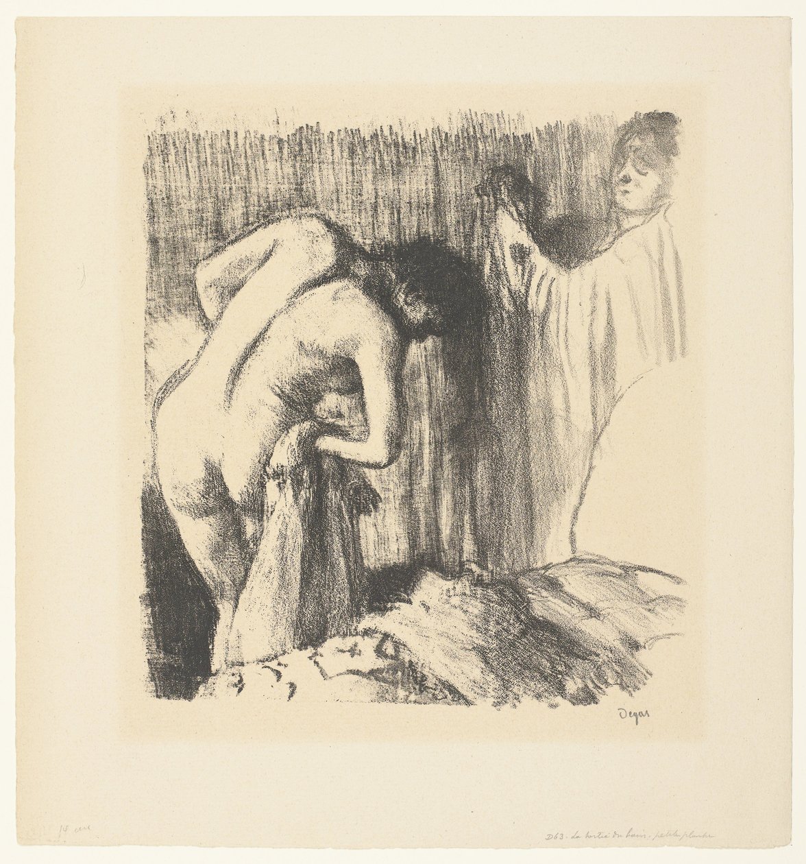 Kvinne tørker av etter badet og får klær fra kvinnen La Sortie du bain av Edgar Degas