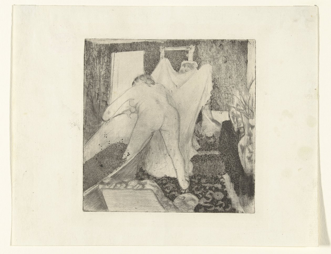 Kvinne går ut av badekaret og får håndkle fra kvinnen La Sortie du Bain av Edgar Degas