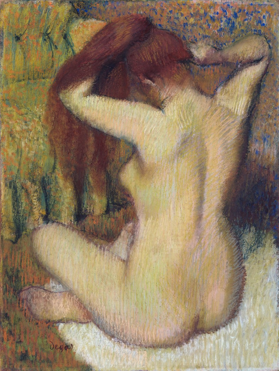 Woman Combing Her Hair, ca. 1888-90 (pastell på lysegrønt vevd papir festet til montering) av Edgar Degas