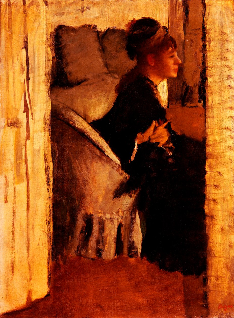 Kvinne tar på seg hanskene (olje på lerret) av Edgar Degas
