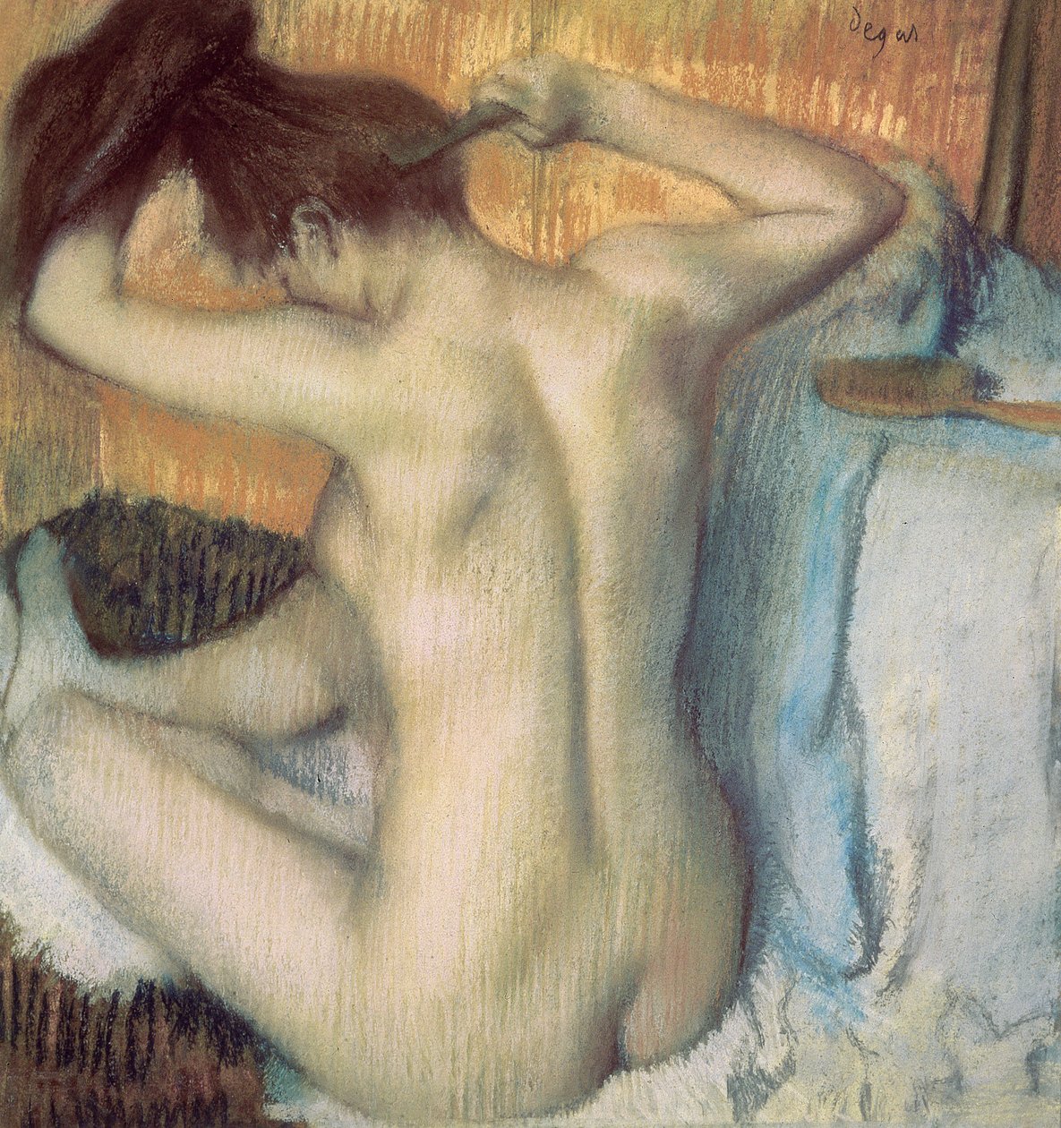 Kvinne som kjemmer håret, ca. 1885 (pastell) av Edgar Degas