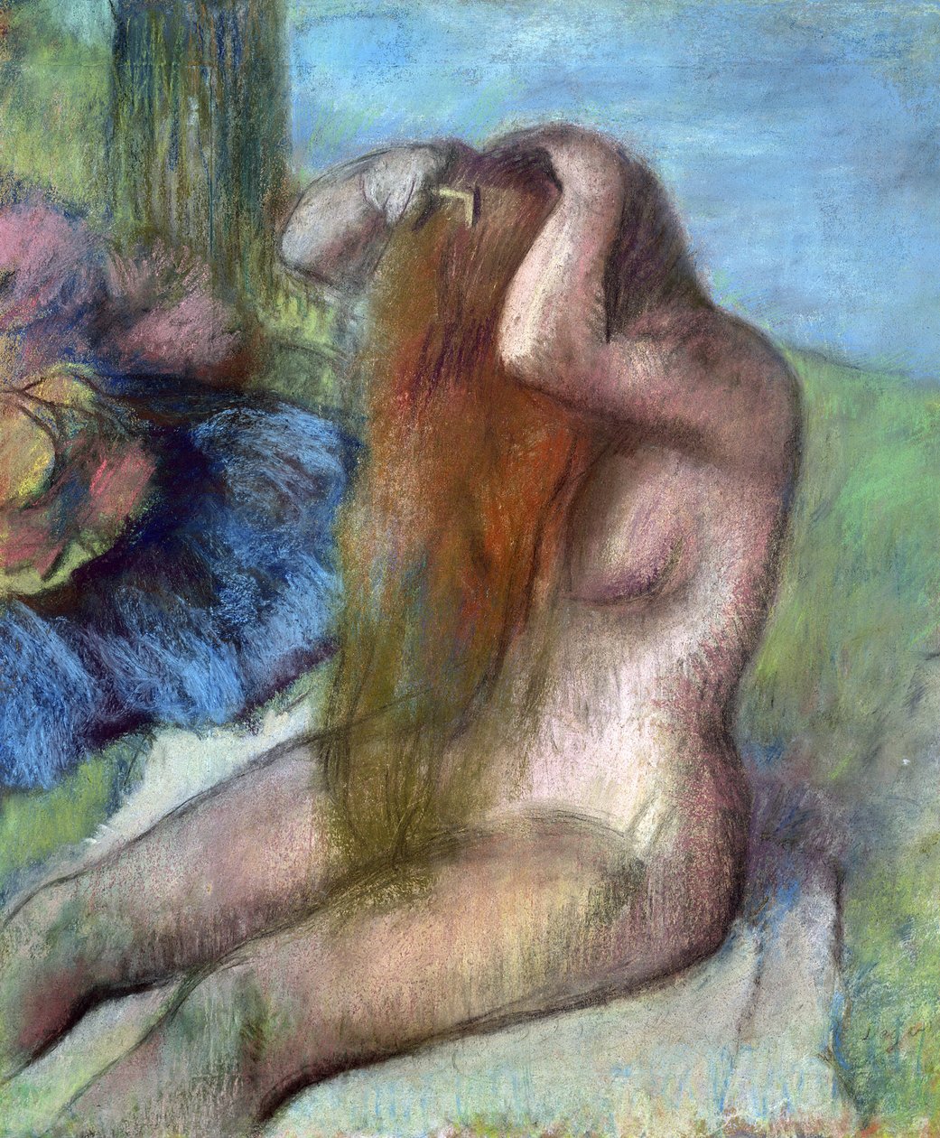 Kvinne som gjør håret sitt, ca. 1895 (pastell) av Edgar Degas
