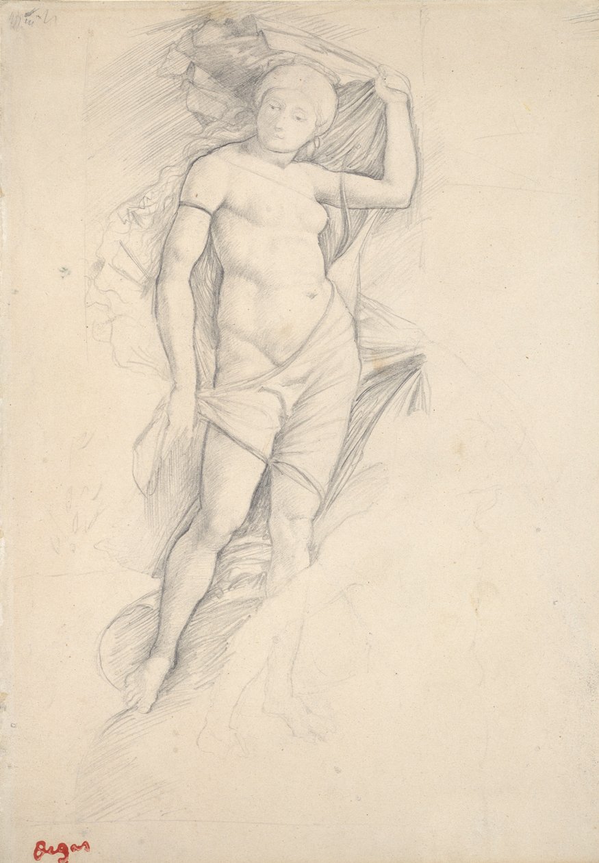 Kvinne, delvis drapert, med en liten studie av en kentaur, nede til høyre, sent på 1800-tallet av Edgar Degas