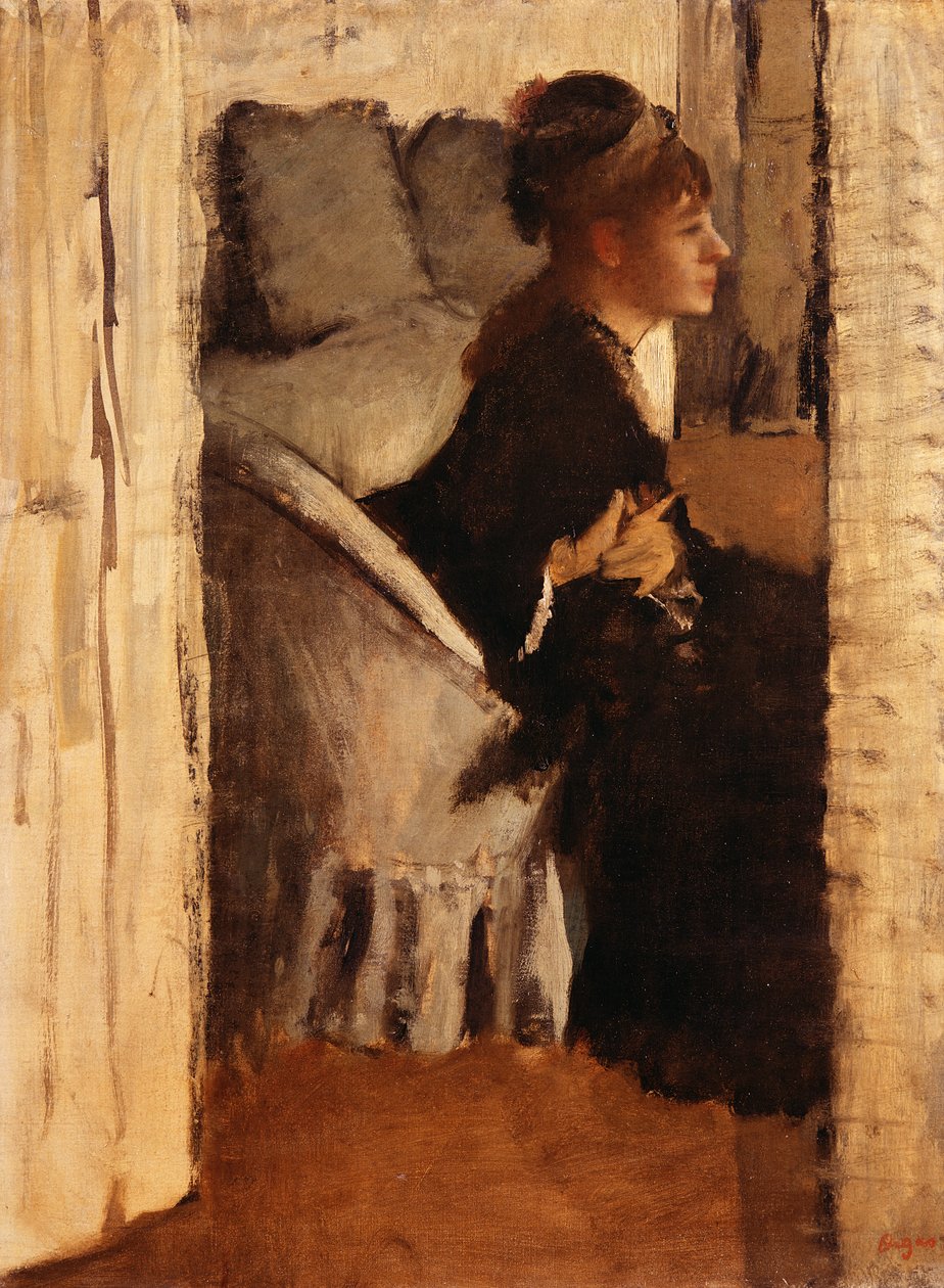 Kvinne tar på seg hansker av Edgar Degas