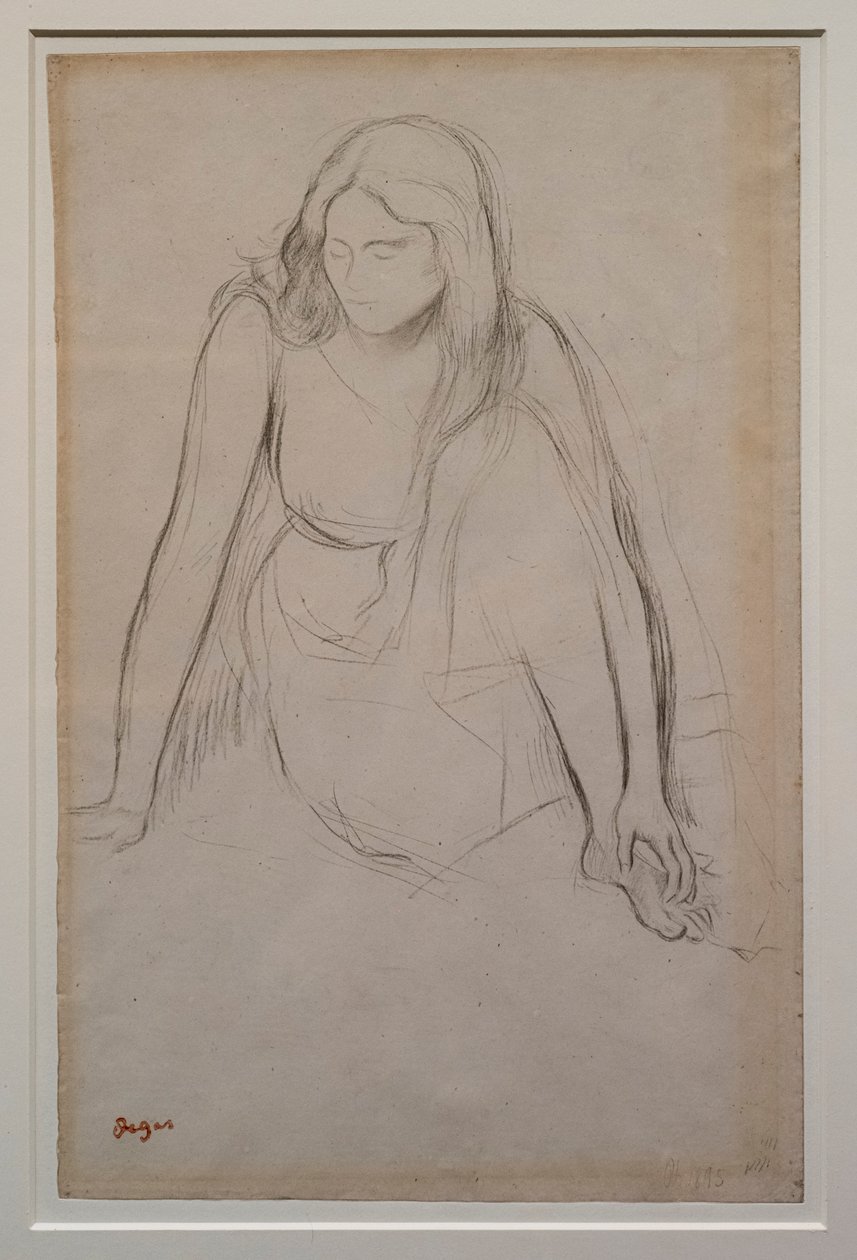 Kvinne sitter ved vannkanten. Rundt 1867-1868. Svart blyant på velinpapir. av Edgar Degas