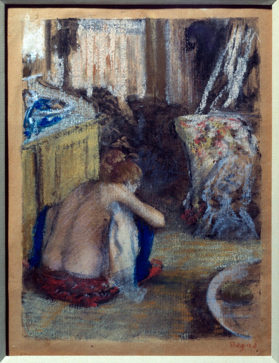 Kvinne på huk Pastell på monotypi av Edgar Degas (1834-1917) 1877 Søn. 0,18x0,14 m Paris, musee d