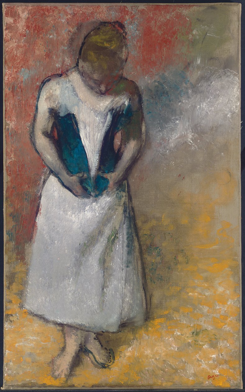Kvinne som står forfra og holder korsettet, 1883 av Edgar Degas