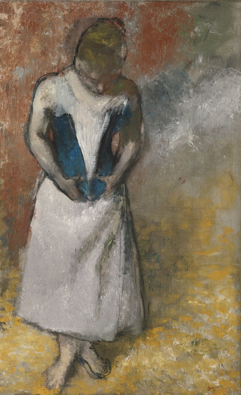Kvinne som står forfra og holder korsettet, ca. 1883 av Edgar Degas