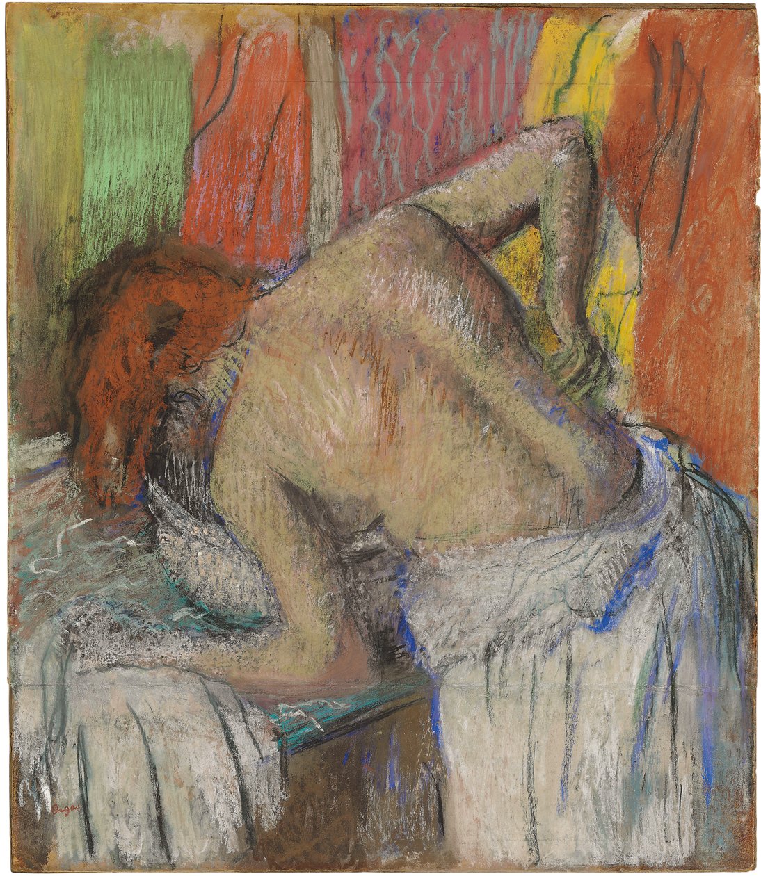 Kvinne som vasker ryggen, ca. 1895 (pastell på sammenføyd papir lagt ned om bord) av Edgar Degas