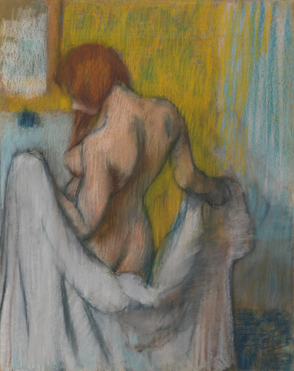 Kvinne med håndkle, 1894 eller 1898 (pastell på kremfarget vevd papir med røde og blå fibre) av Edgar Degas