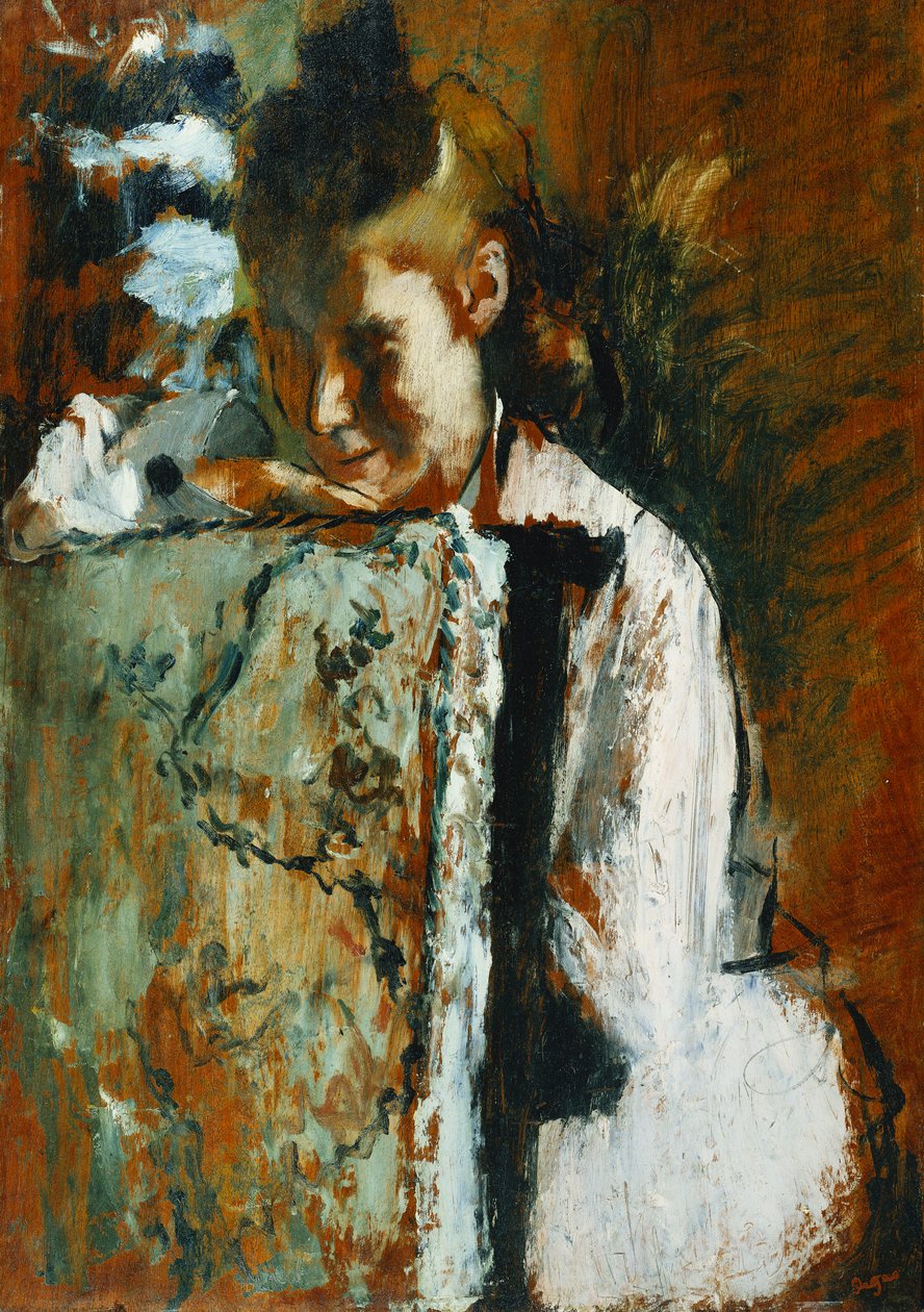 Ung jente som sitter lener seg mot stolryggen; Ung jente som sitter lent på baksiden av en lenestol, ca. 1889 av Edgar Degas