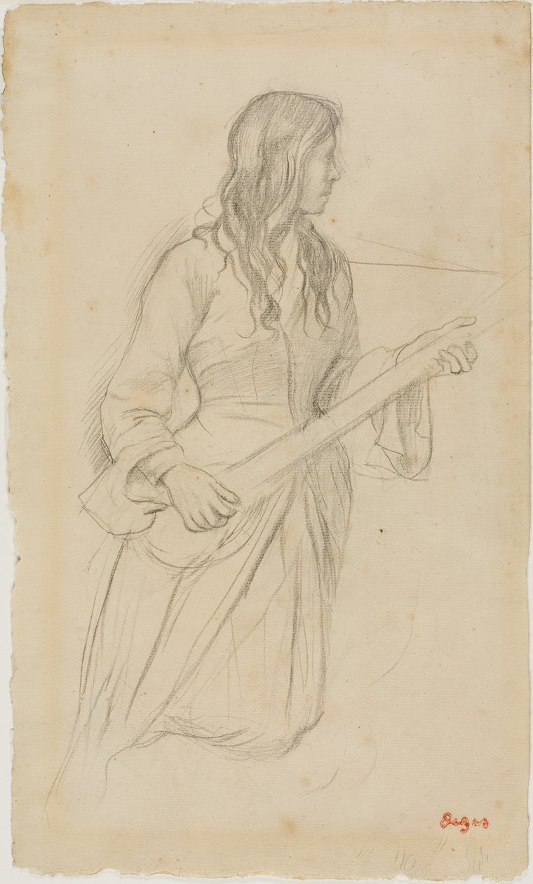 Ung kvinne som spiller mandolin, studie til portrett av Mlle. Fiocre i balletten «La Source» av Edgar Degas