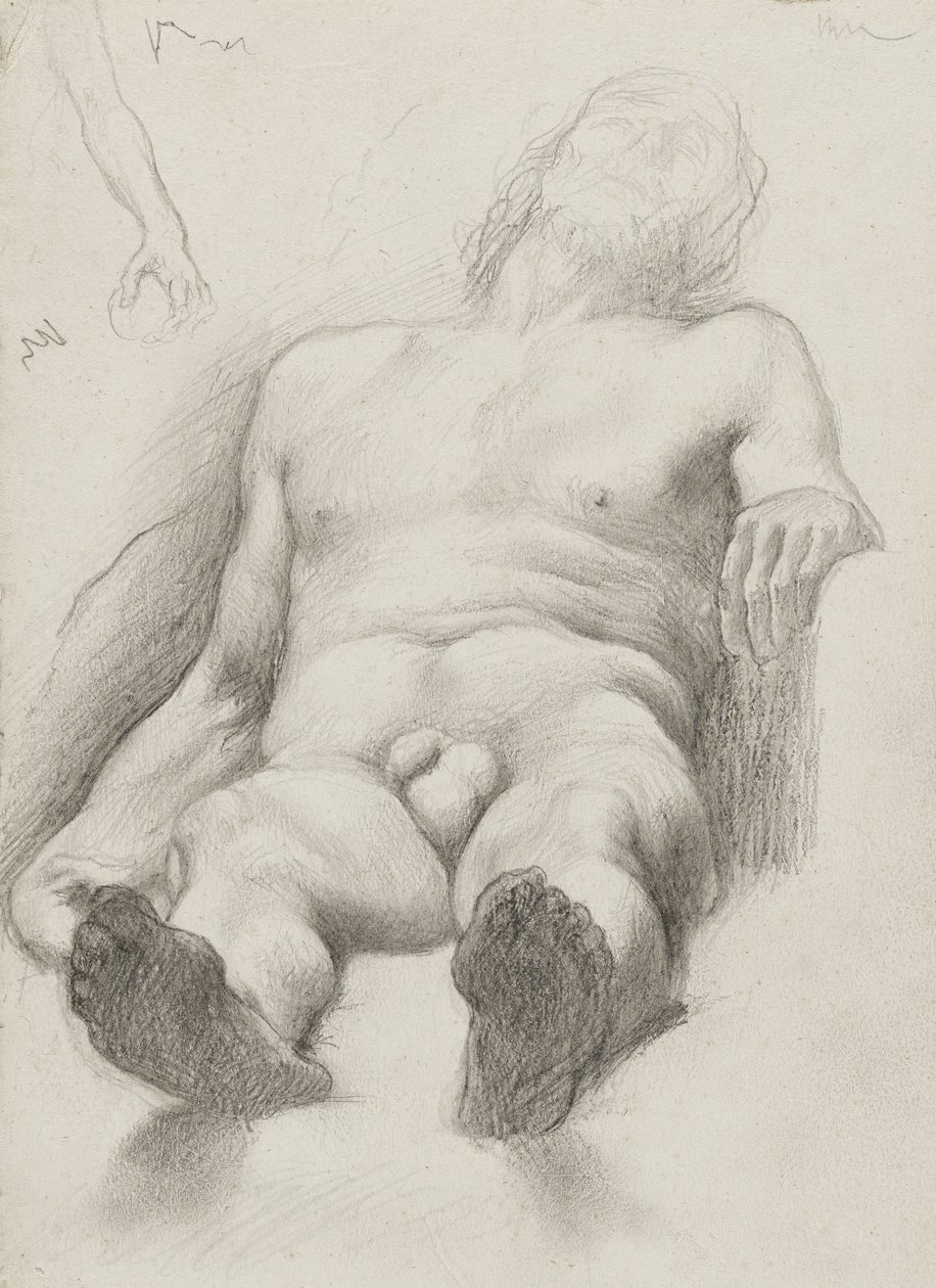 Studie - Reclining Nude Man, 1856-58 (grafitt på kremfarget papir) av Edgar Degas