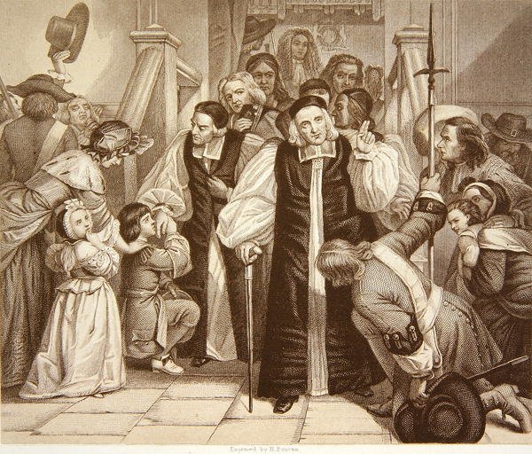Frigivelsen av syv biskoper etter rettssaken deres i Westminster Hall, 29. juni 1688, gravert av H.Bourne (gravering) av Edgar Melville (after) Ward