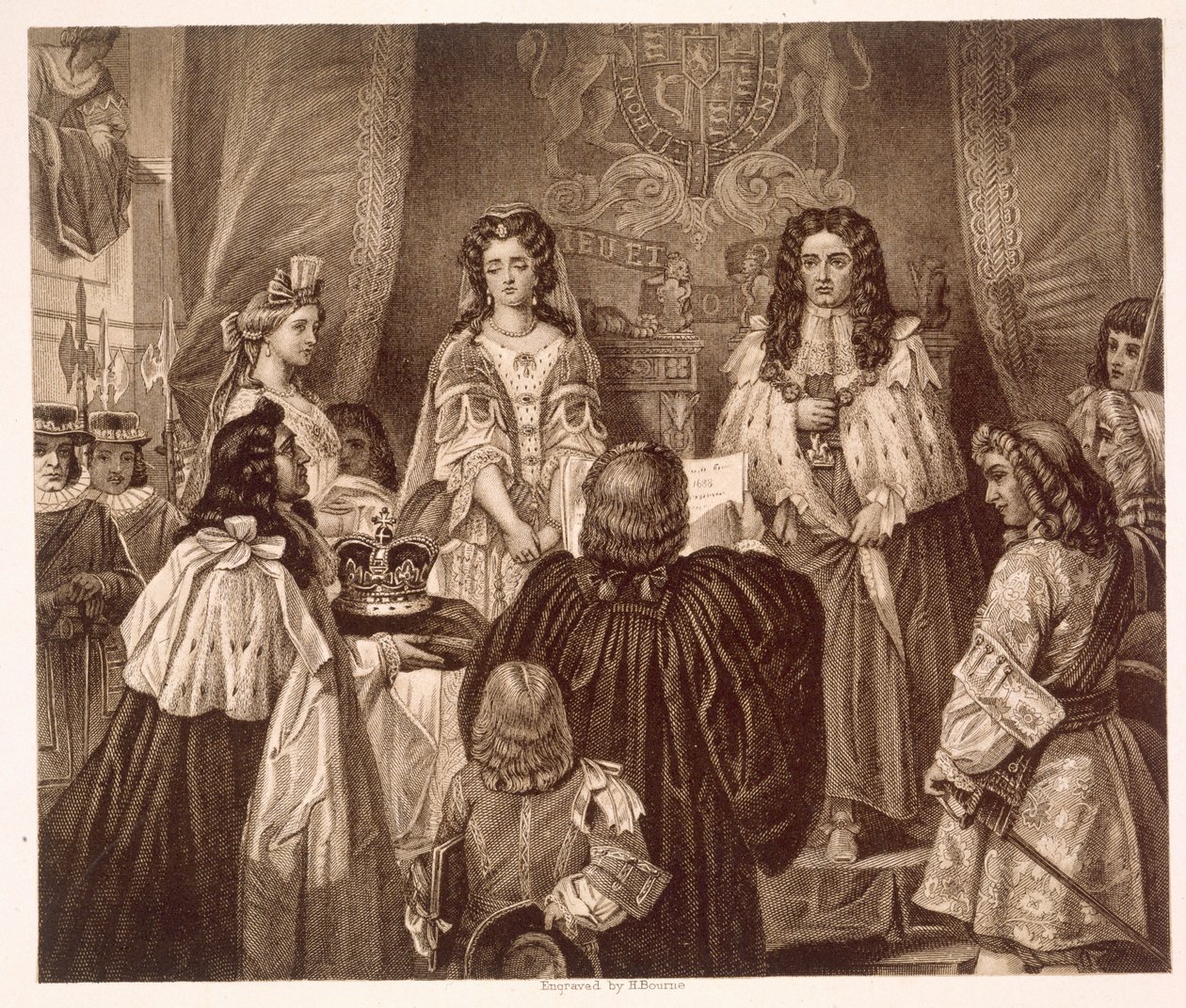 Kronen tilbudt William og Mary av Lords and Commons i Whitehall 12. februar av Edgar Melville (after) Ward