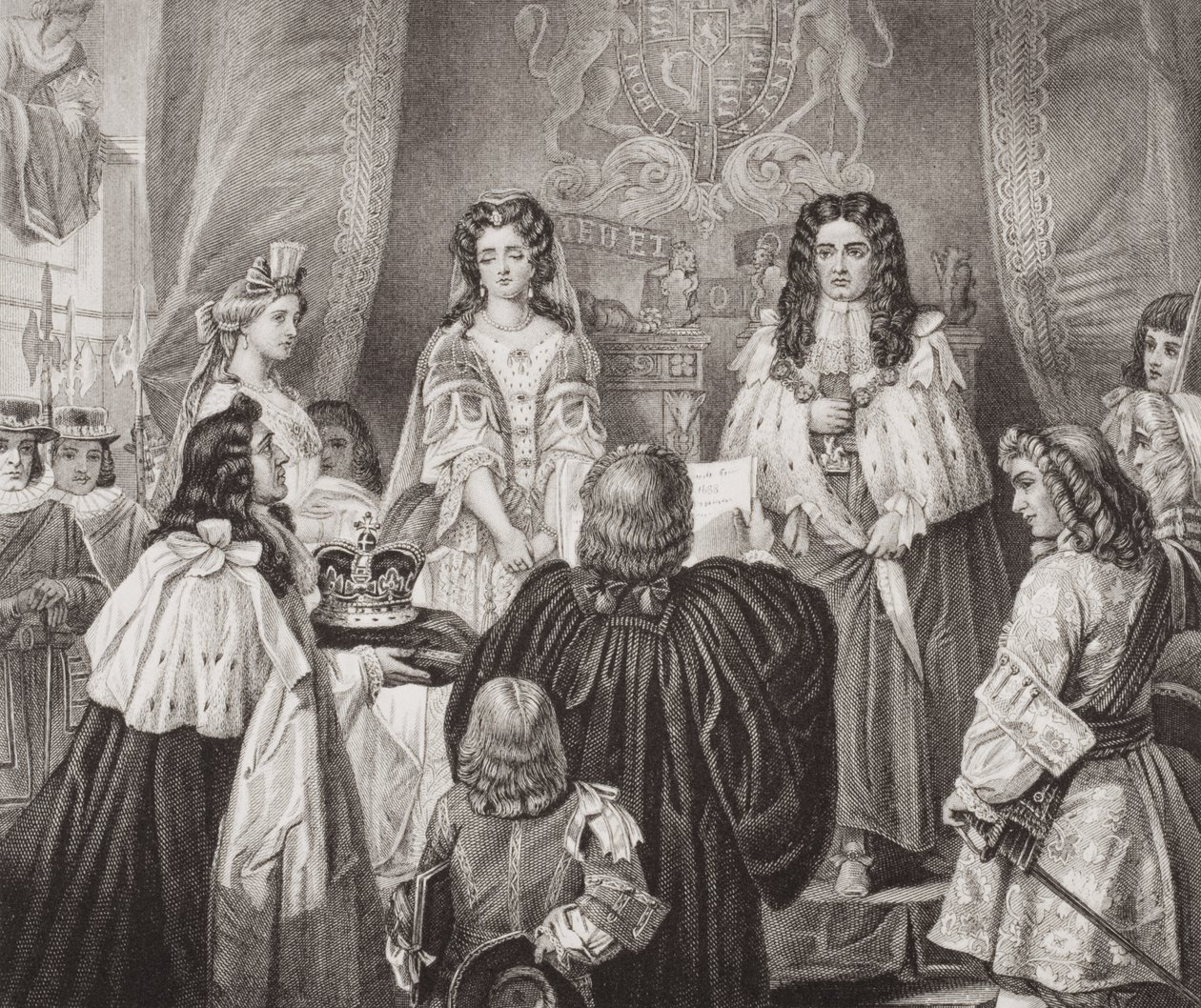 Kronen tilbudt William og Mary av Lords and Commons i Whitehall, 12. februar 1689, fra `Illustrations of English and Scottish History