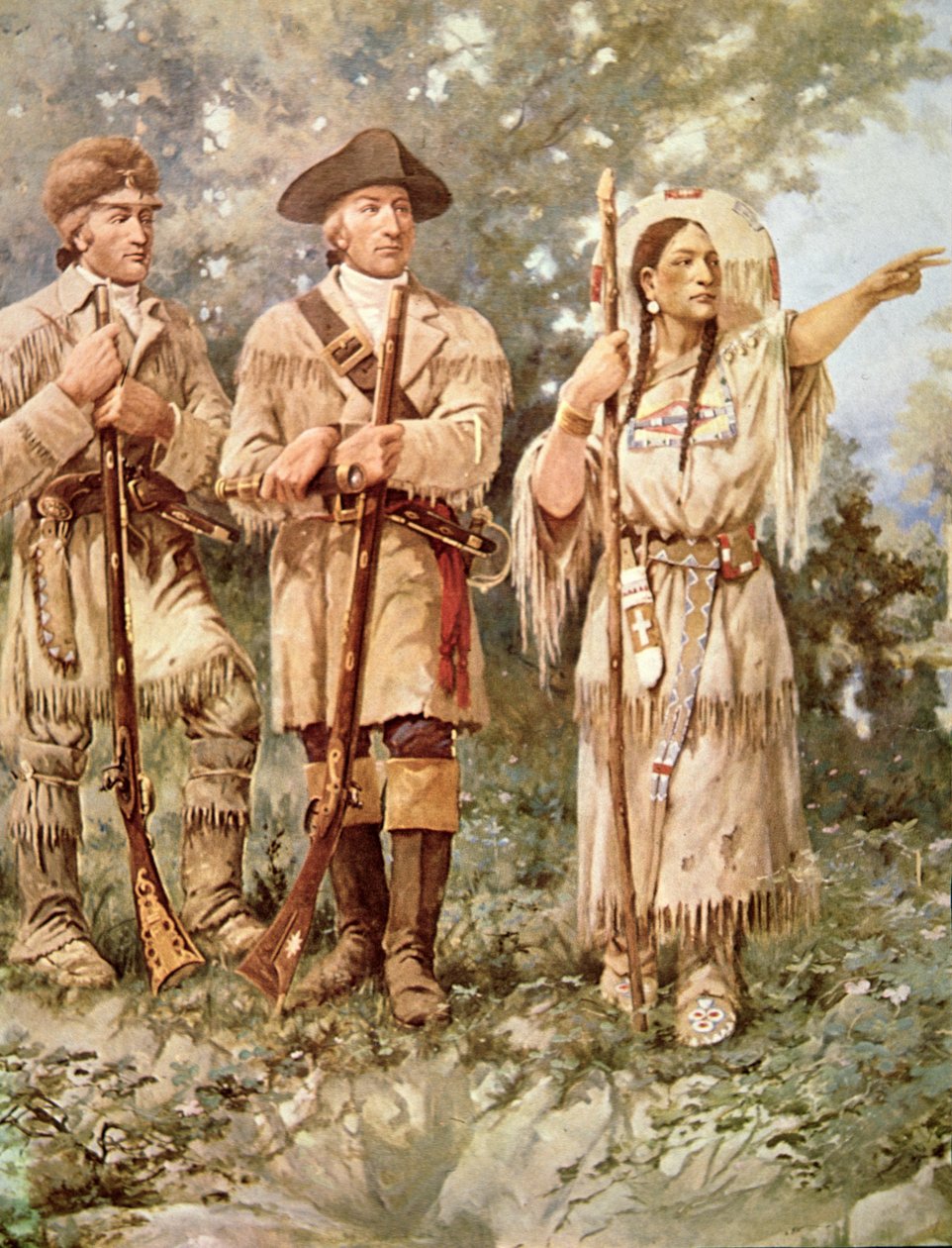 Lewis og Clark med Sacagawea (farge litho) (detalj) av Edgar Samuel Paxson