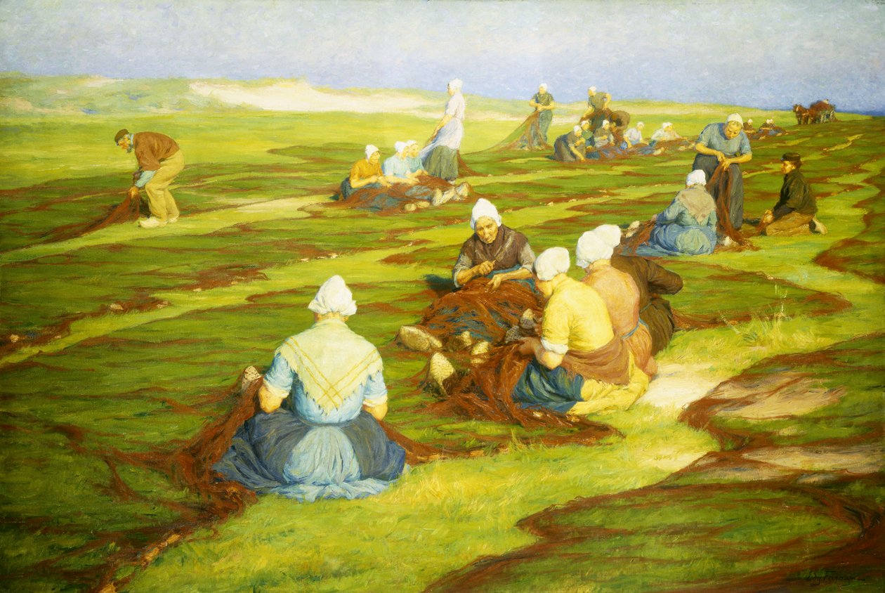 Reparer nettene (olje på lerret) av Edgard Farasyn