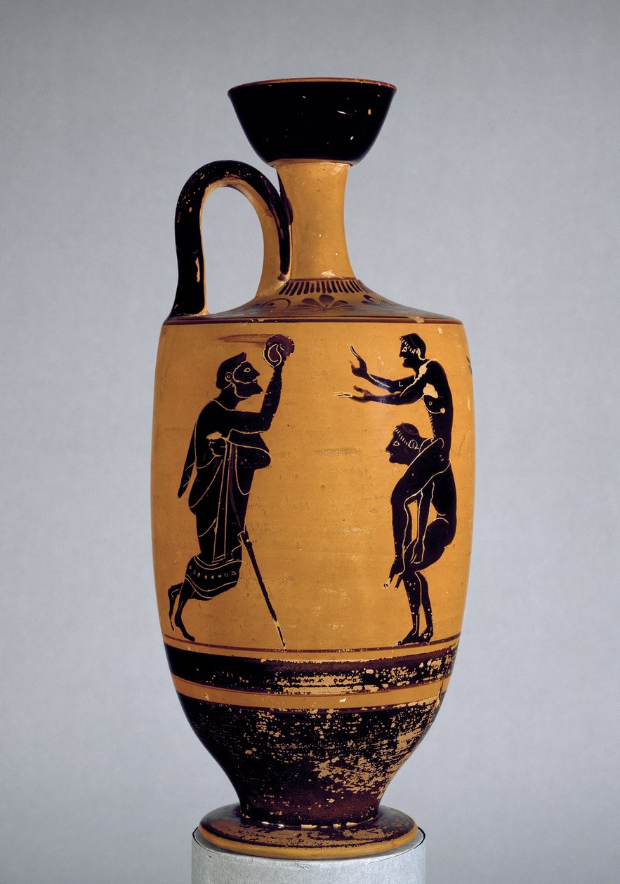 Attic svartfigur lekythos dekorert med en gammel mann som kaster en ball til en ungdom, ca. 500 f.Kr. (keramikk) av Edinburgh Painter