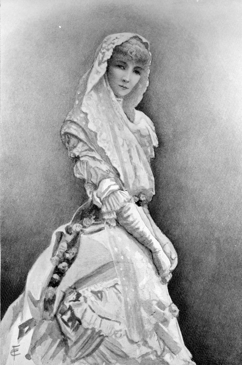Sarah Bernhardt som Marguerite Gautier i La Dame aux Camelias av Alexandre Dumas Fils i den første produksjonen i USA, ca. 1880 av Edith Fithian