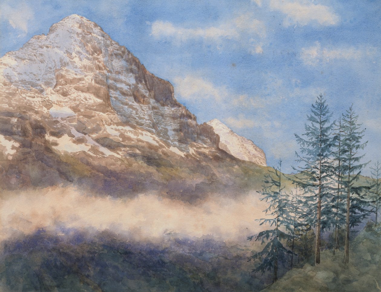 Eiger og Schneehorn (akvarell med gouache på papir) av Edith A. Paine