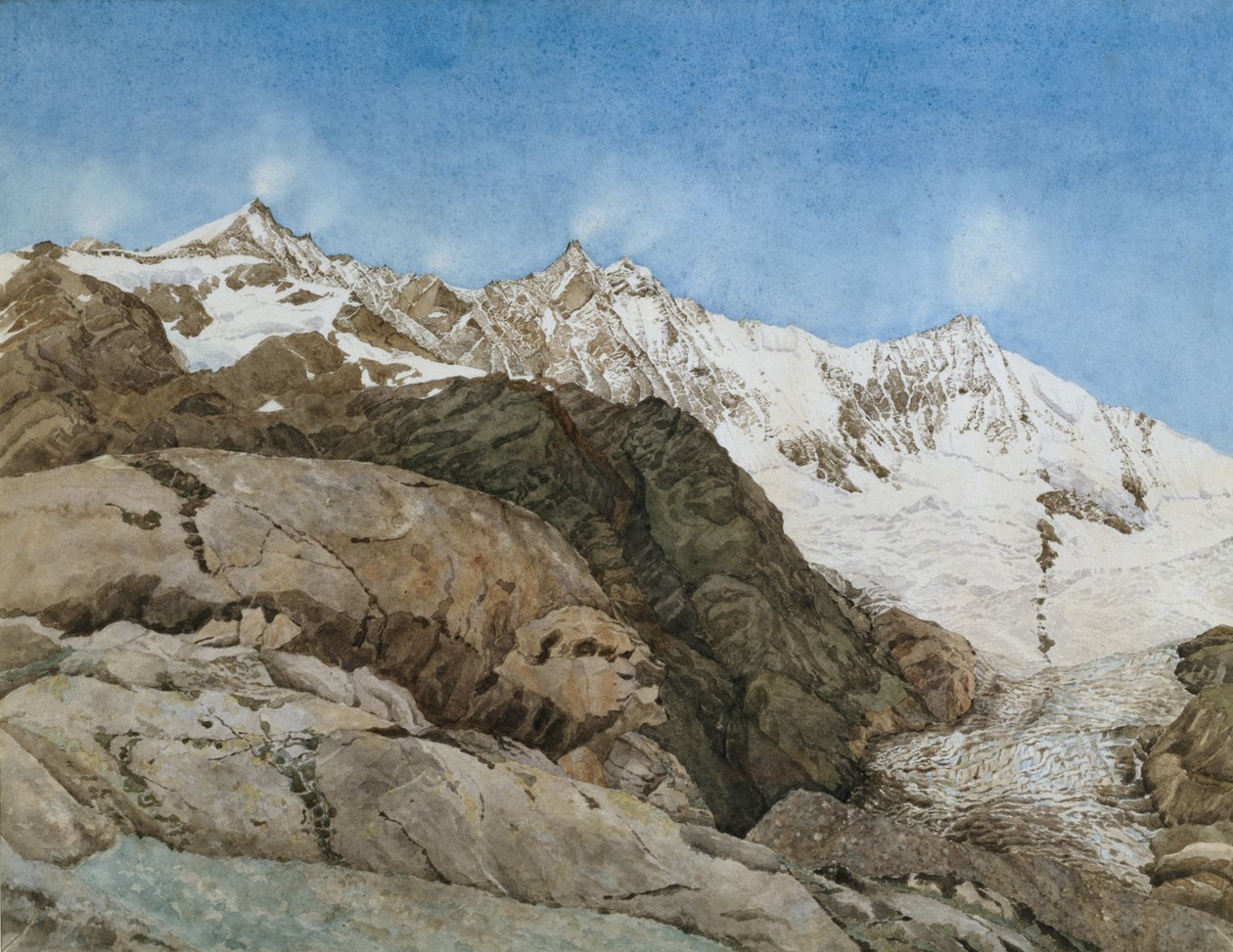 The Mischabe Horner fra Saas-Fee, Valais, Sveits (wc med gouache på papir) av Edith A. Paine
