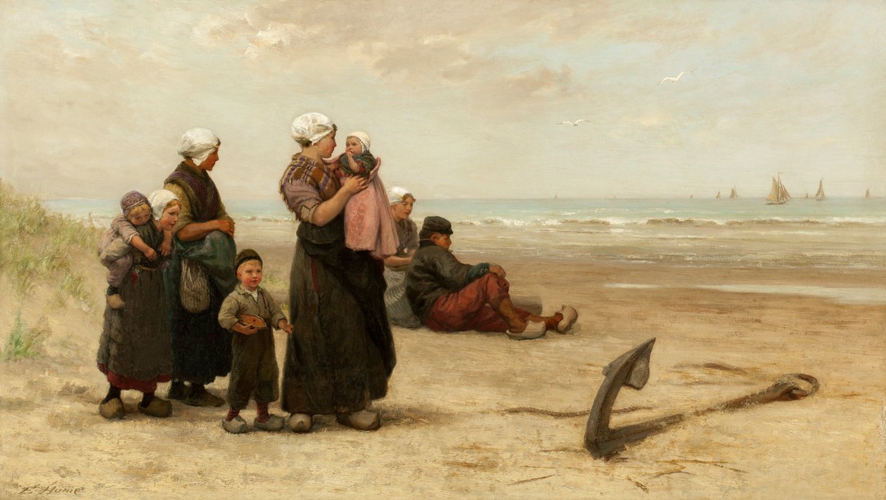 Ser etter skipenes retur på stranden ved Katwijk av Edith Hume