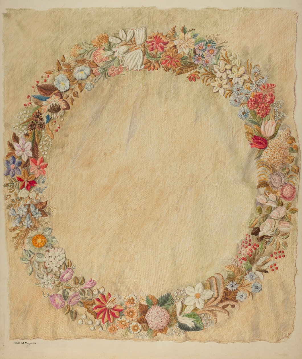 Crewel-broderi til bord av Edith Magnette