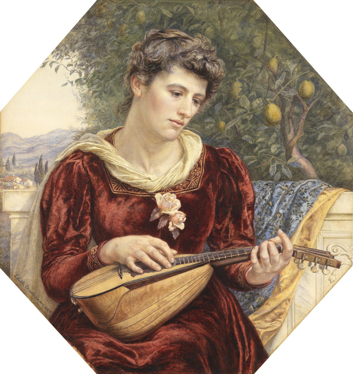 Touching the Strings, 1886 (blyant, wc, kroppsfarge og gummi arabic med utskraping) av Edith Martineau