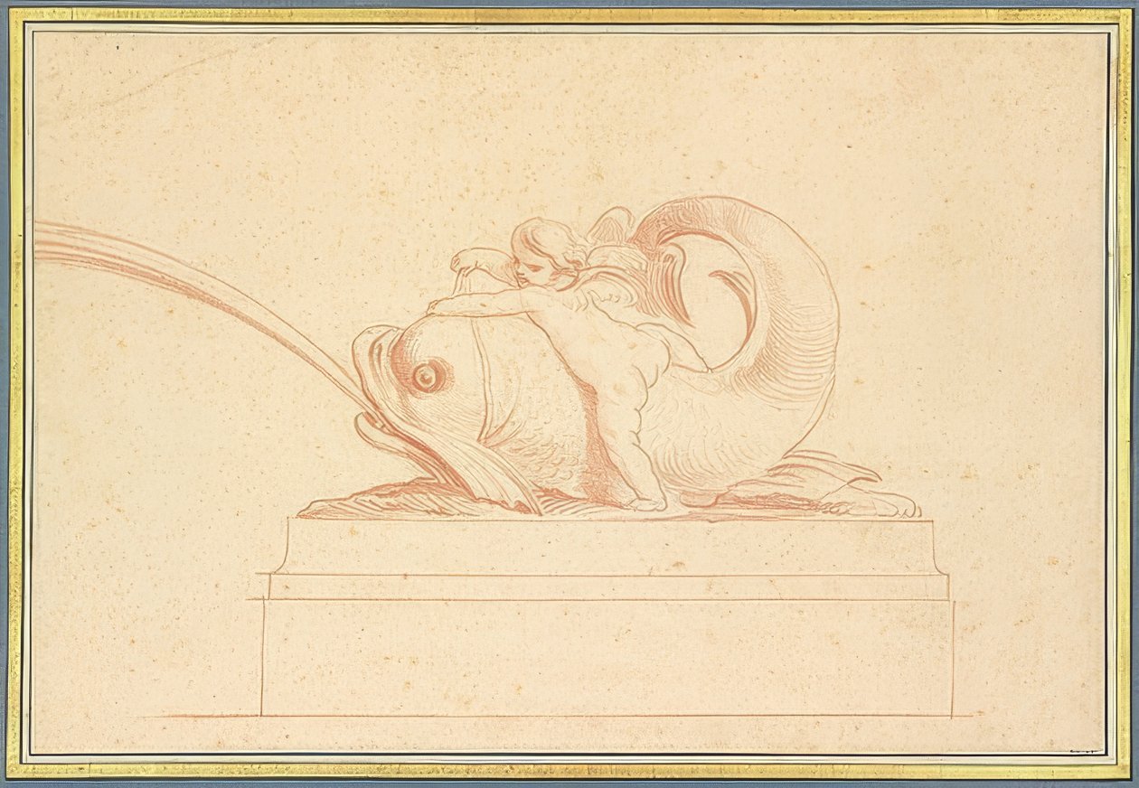 Vannsprutende delfin til venstre med en amor. 1737 av Edmé Bouchardon