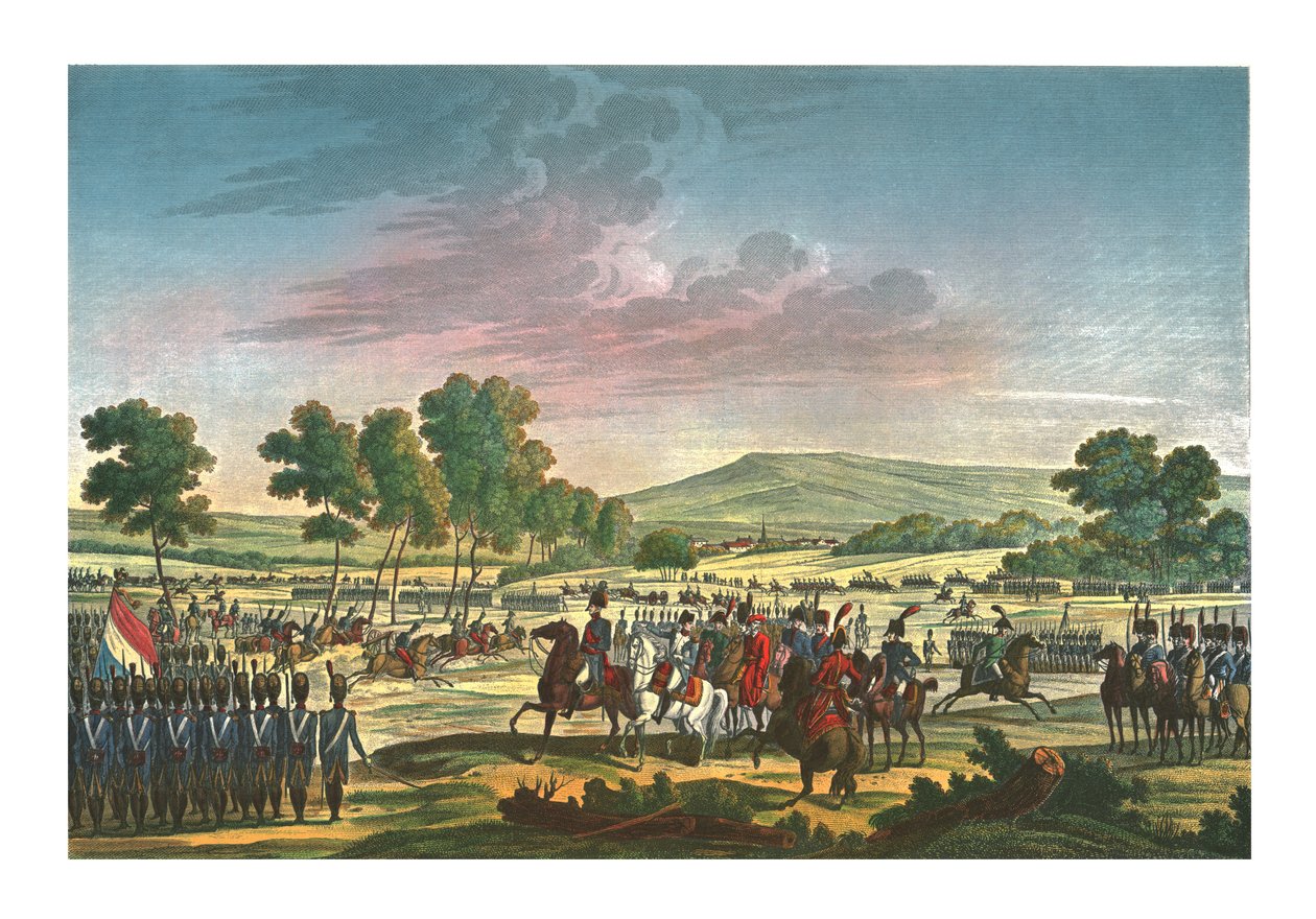 Den keiserlige garde manøvrerer i nærvær av de to keiserne ved Tilsit, 28. juni 1807, c1850 av Edme Bovinet