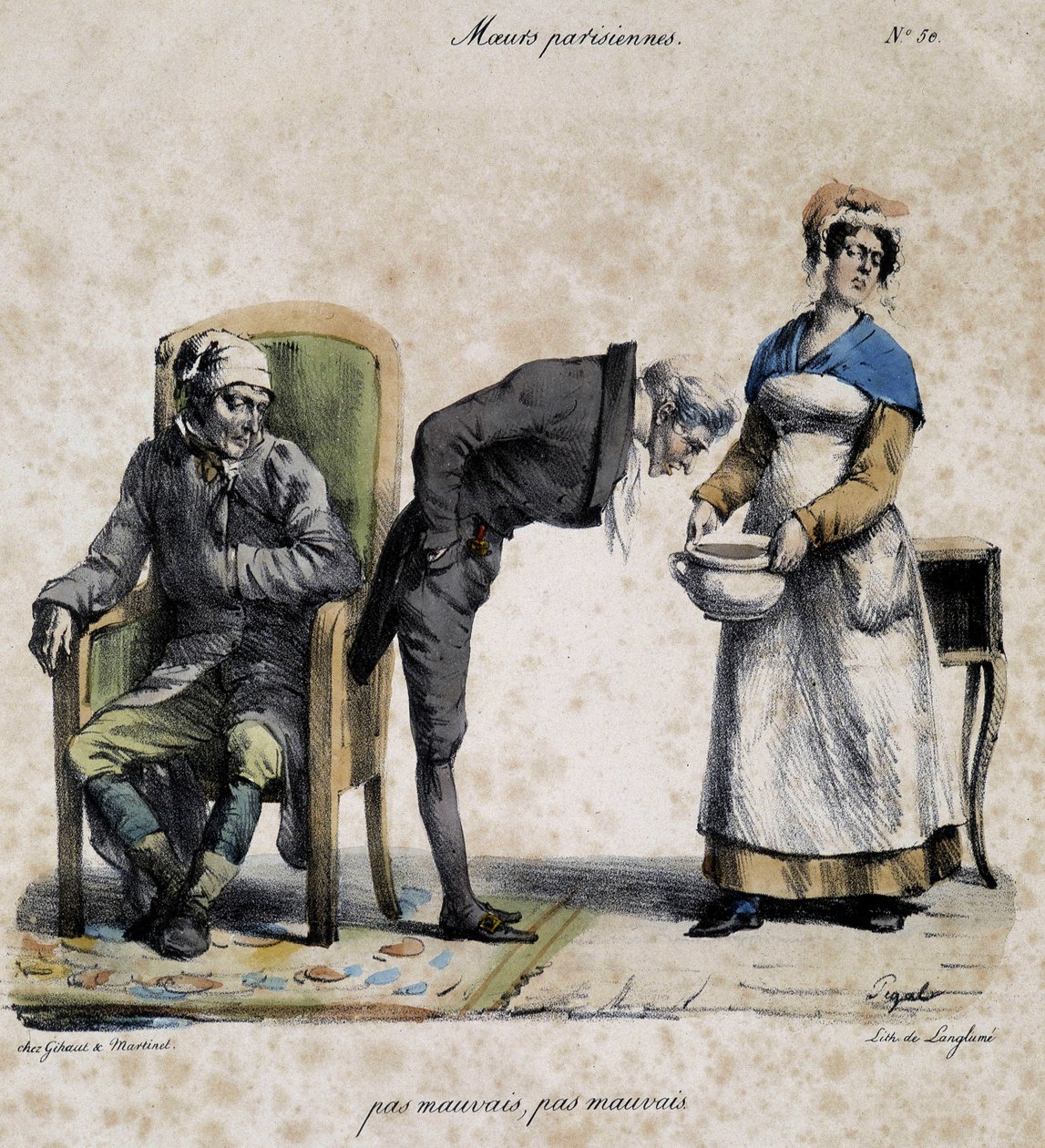 Syk, lege ser i gryten og tjener. Tegneserie av parisisk moral av Pigal (1800-tallet), bevart på Musee Dobree i Nantes. av Edme Jean (after) Pigal