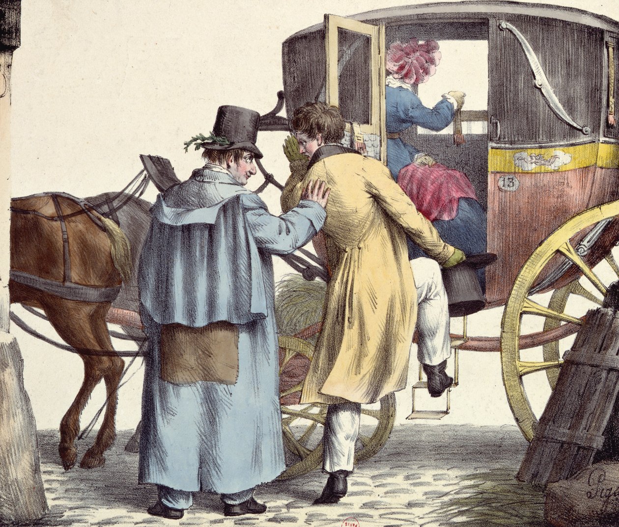 Hvor skal vi?...Alltid rett fram, karikatur fra Moeurs Parisiennes-serien, gravert av Langlume, ca. 1825 av Edme Jean after Pigal