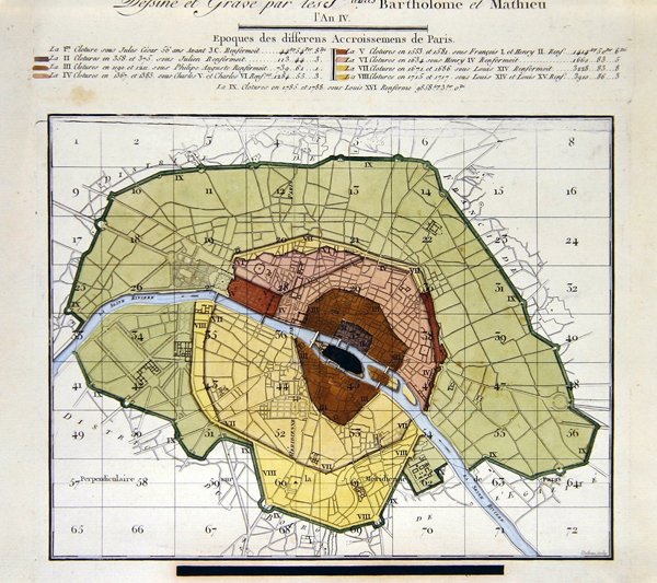 Detalj av Atlas du Plan General de la Ville de Paris, som viser de forskjellige tilleggene gjennom historien til byen av Edme Verniquet