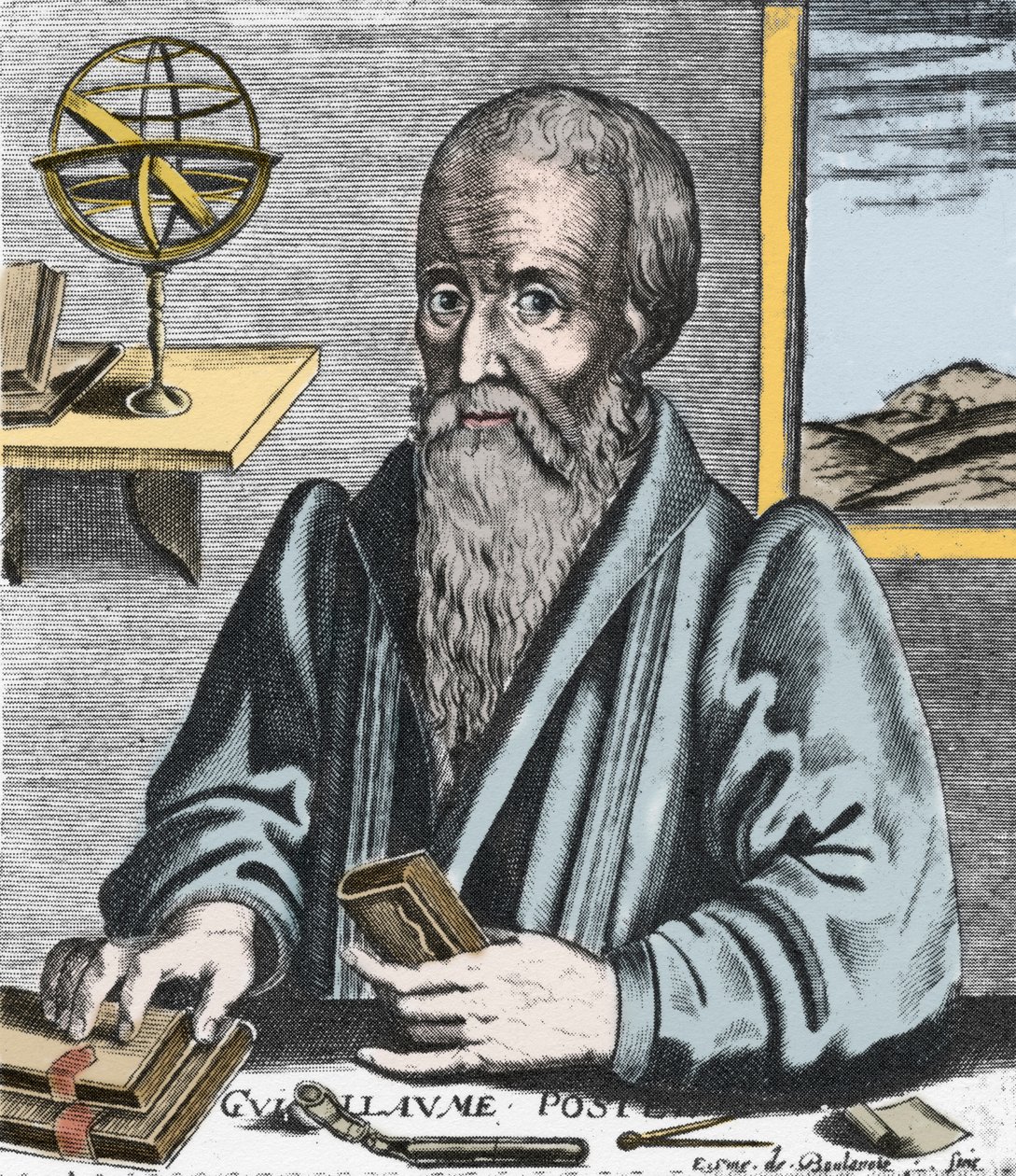 Portrett av William Postel (1510-81) - Portrett av Guillaume Potel (1510-1581) orientalist, filolog og teosofi av fransk katolsk kirkesamfunn. Gravering av Edme de Boulonois. av Edme de Boulonois