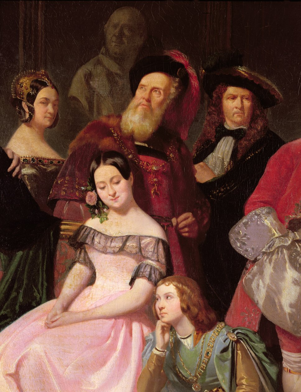 Medlemmer av Comedie-Francaise, L-R: Mlle Noblet, Mlle Plessis, Joanny (1775-1849) i kostyme av Hernani, Mlle Anais, Perrier, i 1840 (detalj av 163165) av Edmond Aime Florentin Geffroy