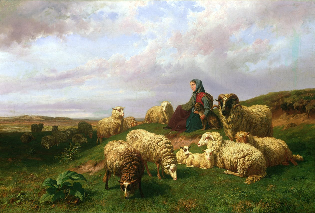 Gjeterinne hviler med flokken sin, 1867 av Edmond Jean Baptiste Tschaggeny