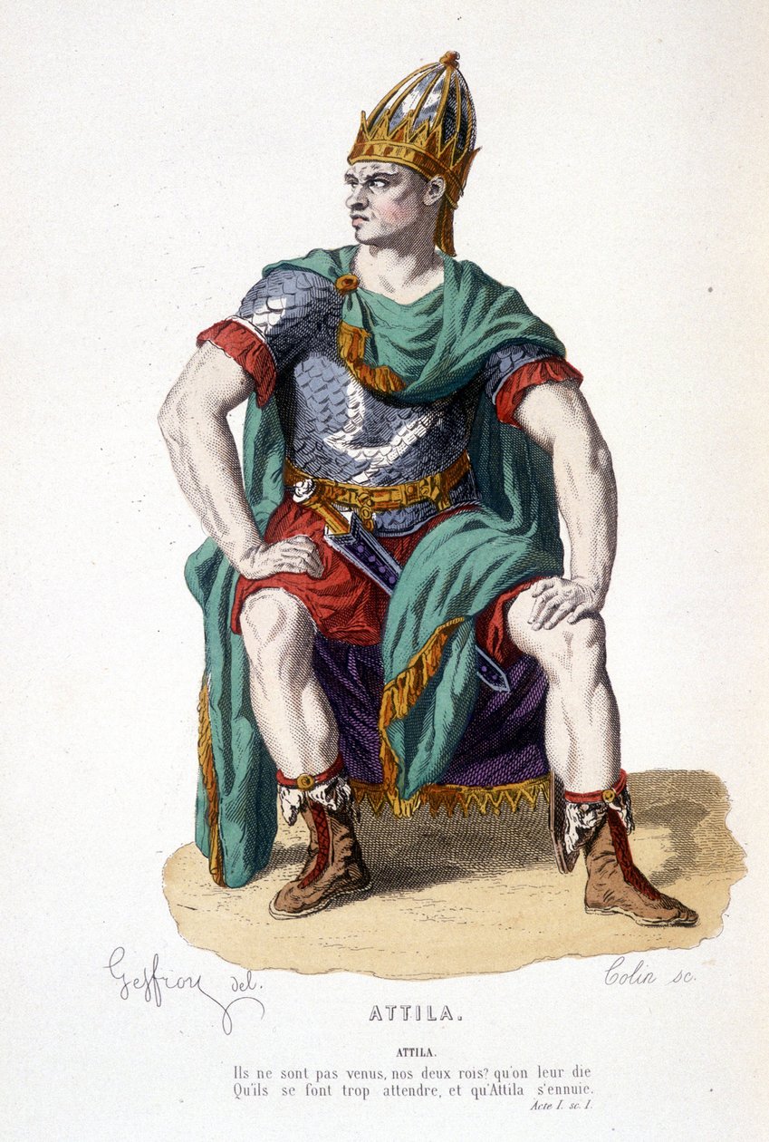 Attilas karakter i Attila-tragedien - Full Theatre: (Samling av skuespill av Corneille) tegning av Geffroy, gravering av Colin - utg. Laplace, Sanchez et Cie, Paris 1884 av Edmond Aime Florentin Geffroy