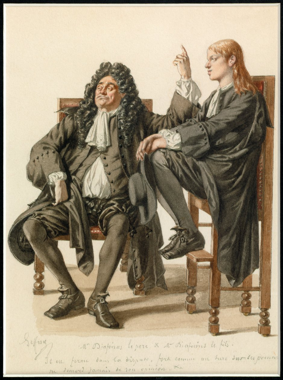 Portrett av Monsieur Diafoirus far og sønn, ca. 1870 (akvarell) av Edmond Aime Florentin Geffroy