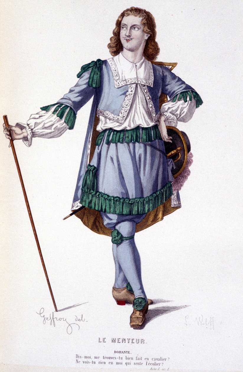 Karakteren Dorante i komedien Le Menteur - Full Theatre: (Samling av skuespill av Corneille) tegning av Geffroy, gravering av L. Wolff - red. Laplace, Sanchez og Co., Paris 1884 av Edmond Aime Florentin Geffroy