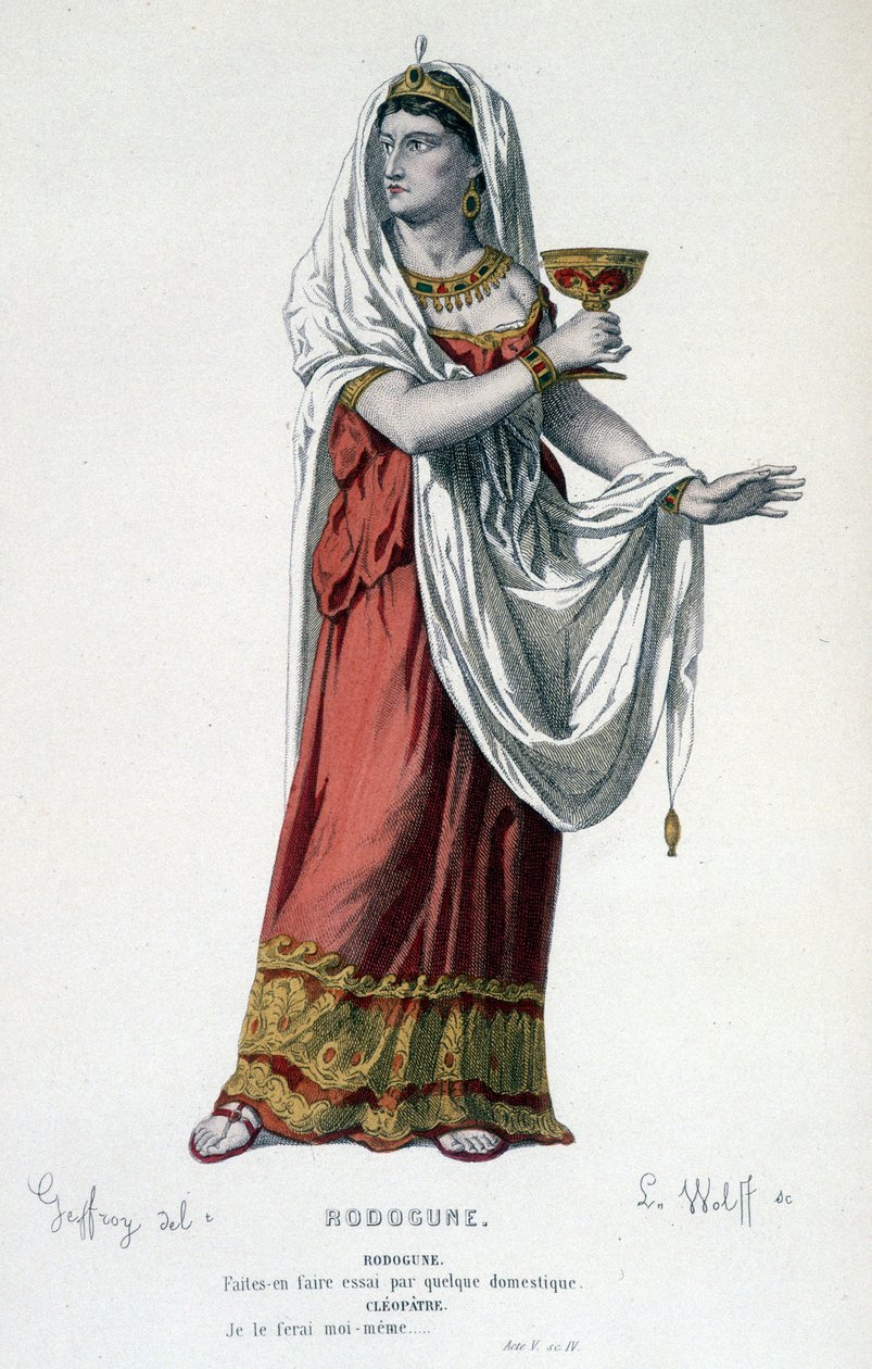 Karakteren til Cleopatre i tragedien Rodogune princess des Parthes - Full Theatre: (Samling av skuespill av Corneille) tegning av Geffroy, gravering av L. Wolff - red. Laplace, Sanchez et Cie, Paris 1884 av Edmond Aime Florentin Geffroy