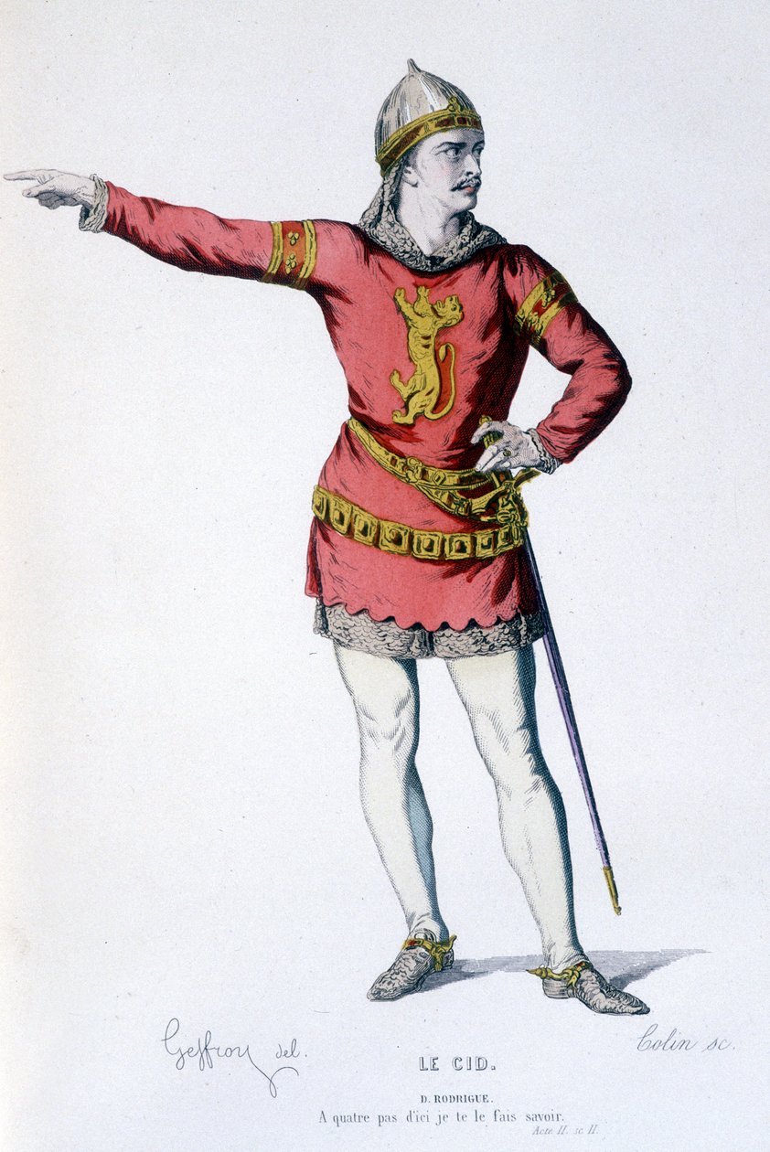Karakteren til Don Rodrigue i tragikomedien Le Cid - Full Theatre: (Samling av skuespill av Corneille) tegning av Geffroy, gravering av Colin - red. Laplace, Sanchez et Cie, Paris 1884 av Edmond Aime Florentin Geffroy