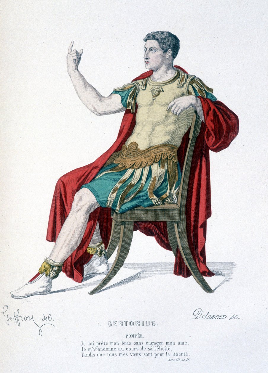 Karakteren til Pompee i teaterstykket Sertorius - Full Theatre: (Samling av skuespill av Corneille) tegning av Geffroy, gravering av Delanoux - red. Laplace, Sanchez et Cie, Paris 1884 av Edmond Aime Florentin Geffroy