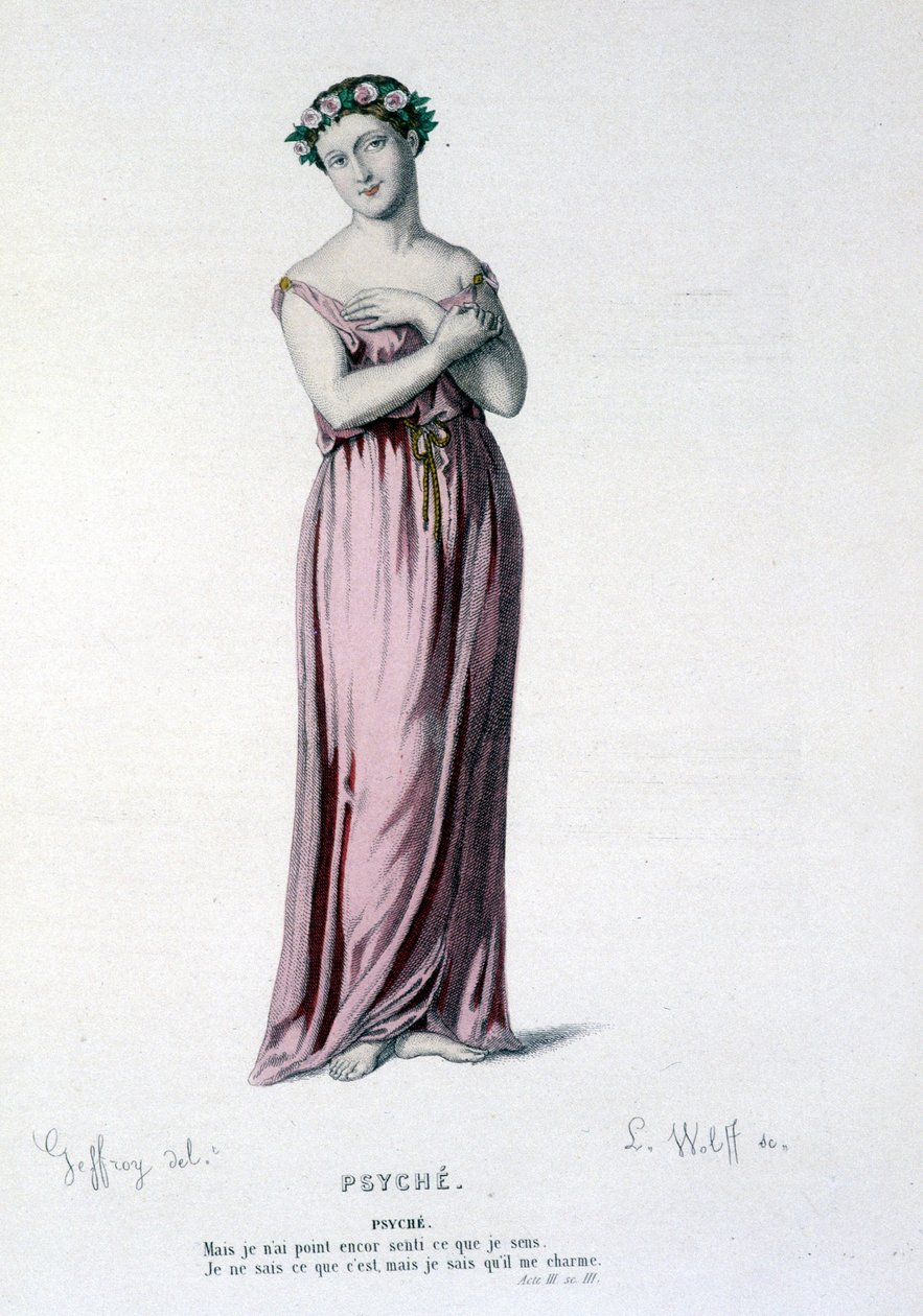 Karakteren til Psyche i tragikomedien og balletten Psyche, Moliere et Corneille - Full Theatre: (Samling av skuespill av Corneille) tegning av Geffroy, gravering av L. Wolff - red. Laplace, Sanchez et Cie, Paris 1884 av Edmond Aime Florentin Geffroy
