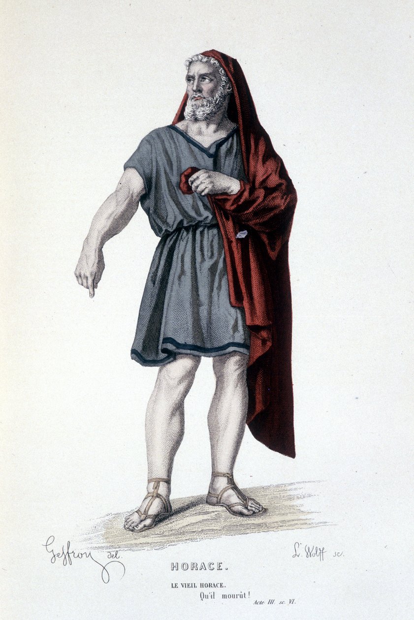 Karakteren til den gamle Horace i tragedien Horace - Full Theatre: (Samling av skuespill av Corneille) tegning av Geffroy, gravering av L. Wolff - red. Laplace, Sanchez et Cie, Paris 1884 av Edmond Aime Florentin Geffroy