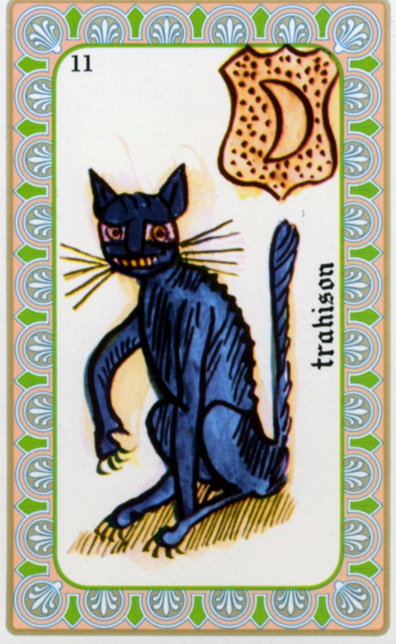 tarot av magus Belline tegnet av Edmond Billaudot c. 1845 og gitt til klarsynte Belline for ny utstedelse: kort av forræderiet: katten av Edmond Billaudot